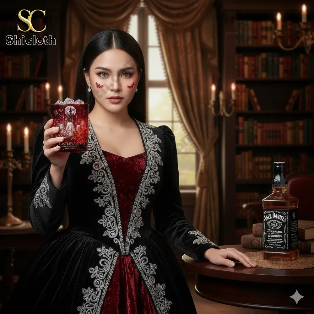 Gothic woman holding Castlevania themed whiskey glass!