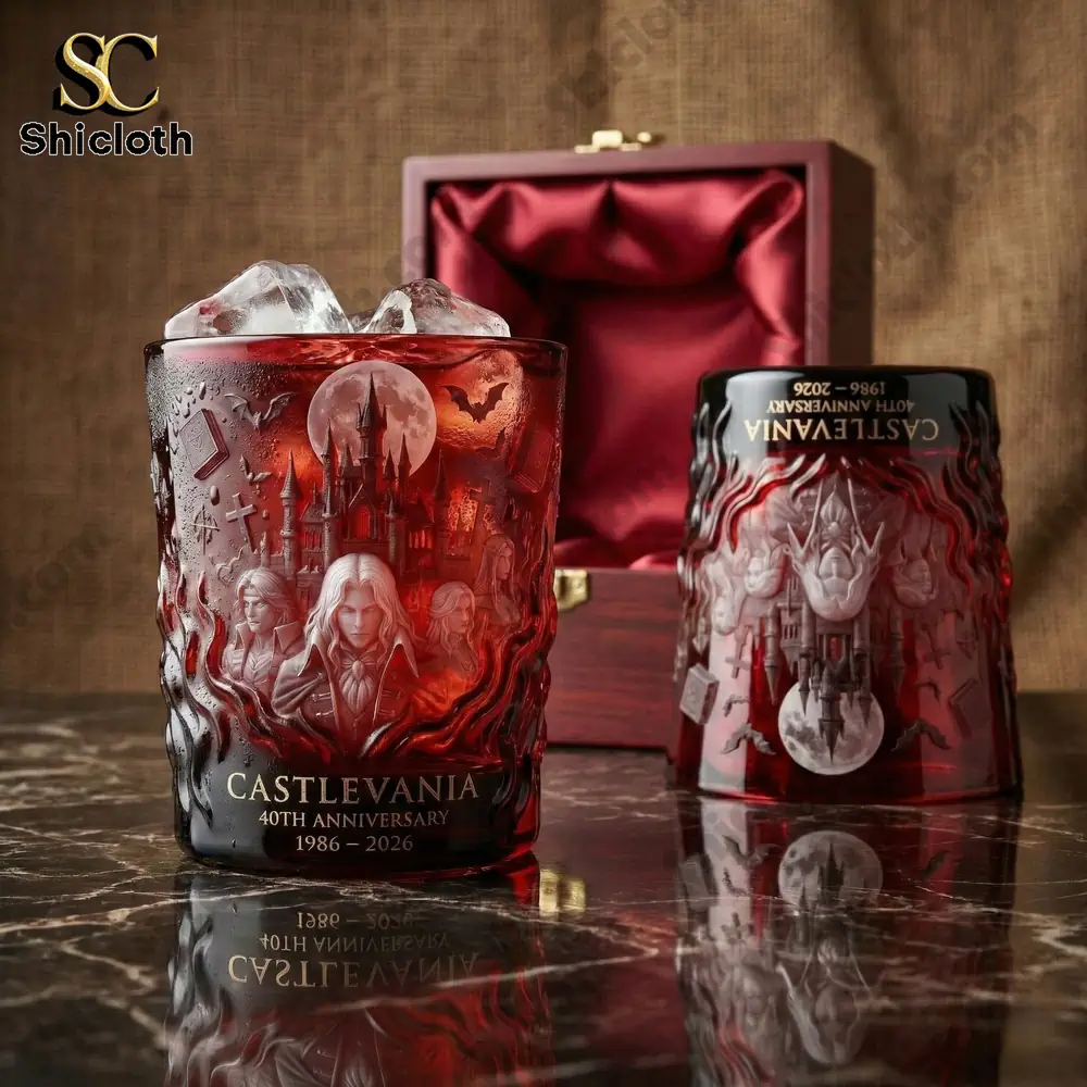 Castlevania whiskey glass with ice on luxury table!