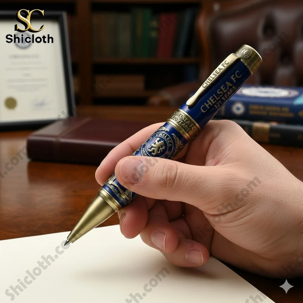 Hand holding a blue Chelsea FC anniversary collector pen on a desk!