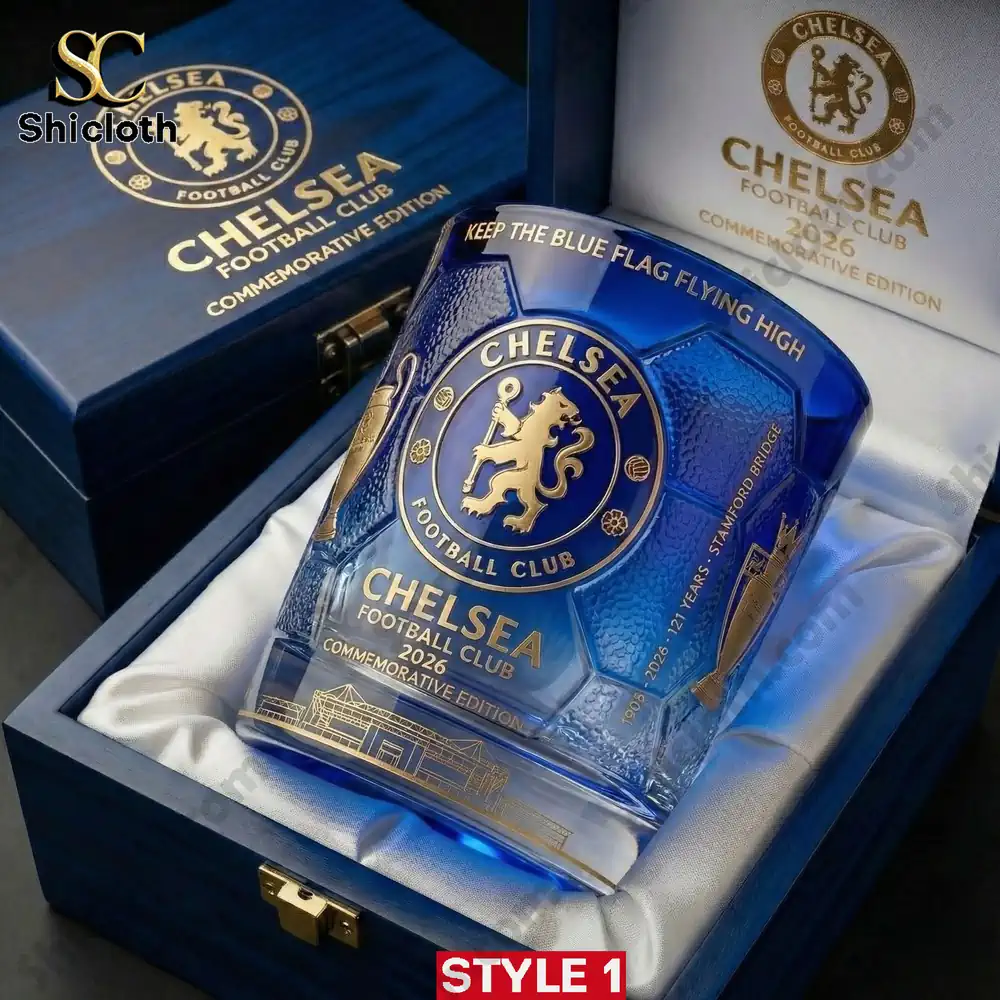 Chelsea blue commemorative whiskey glass displayed inside a luxury wooden gift box!