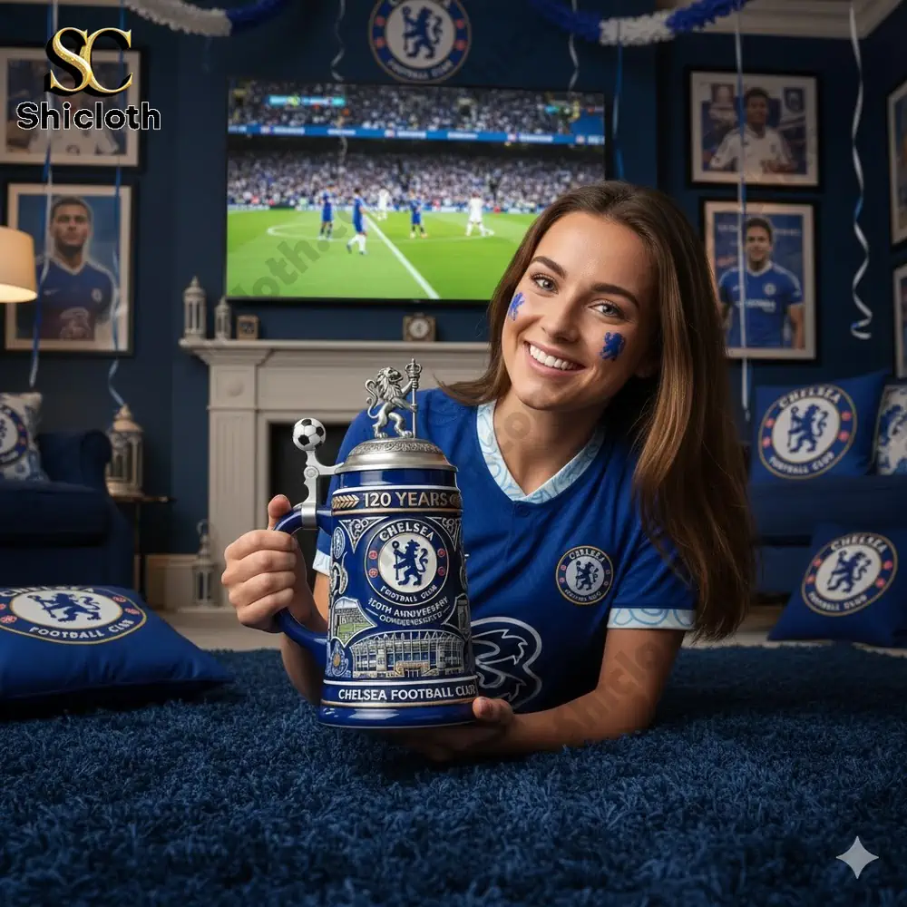 A smiling Chelsea fan holding a blue commemorative beer mug at home!