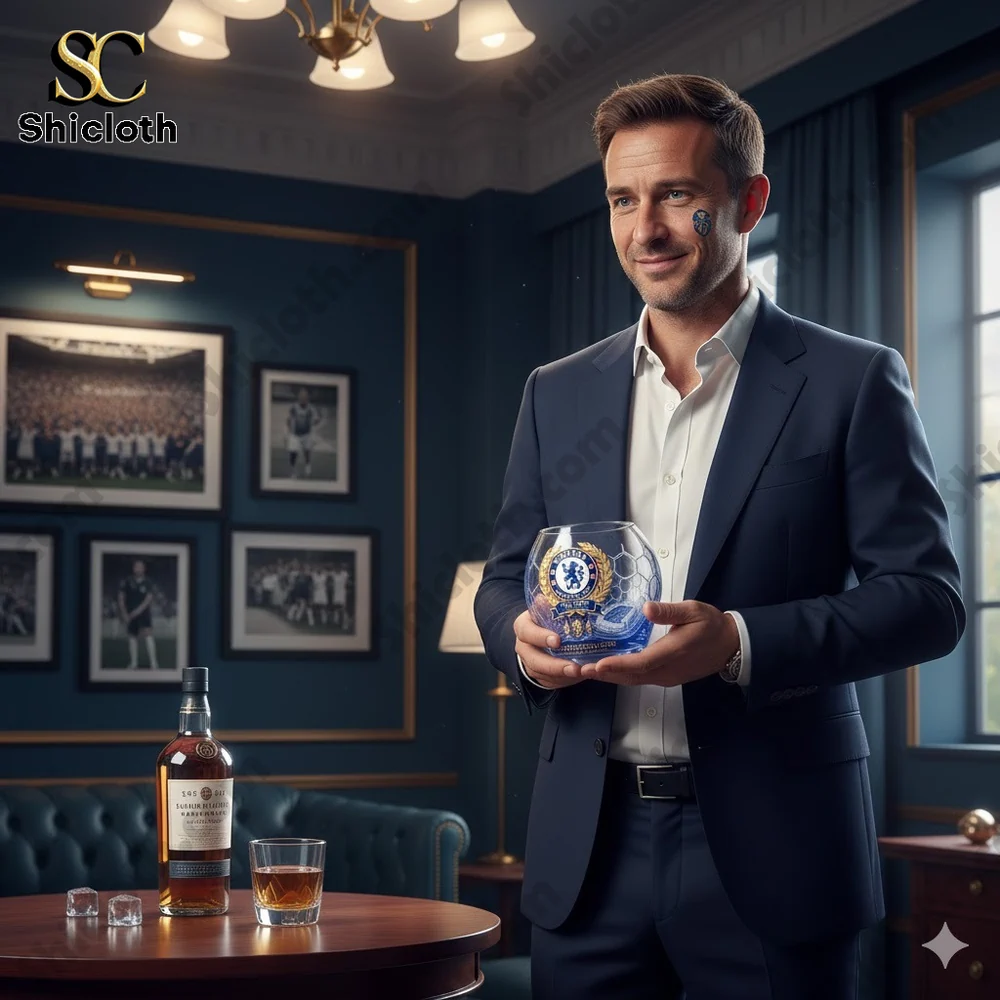 Man holding Chelsea anniversary glass in club room!