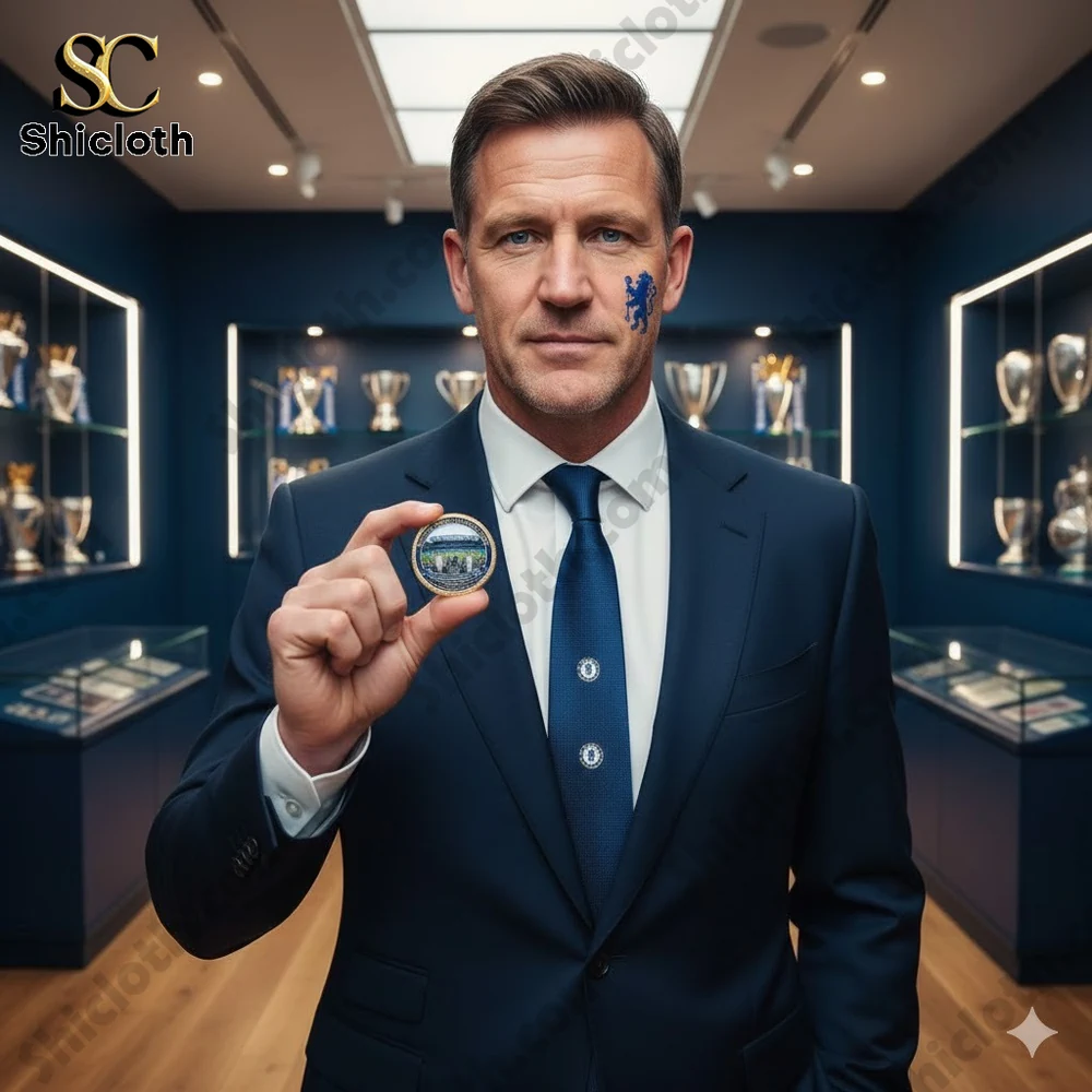Man holding Chelsea commemorative coin in trophy room!