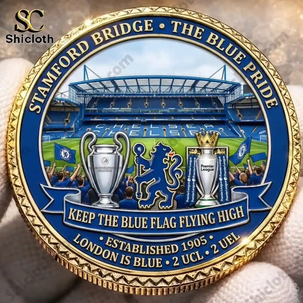 Chelsea commemorative coin featuring Stamford Bridge and trophies!