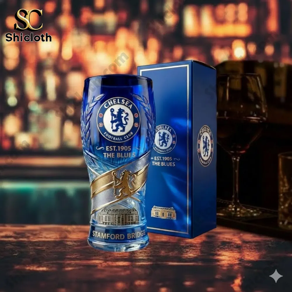 Chelsea The Blues Stamford Bridge beer glass on wooden bar table!