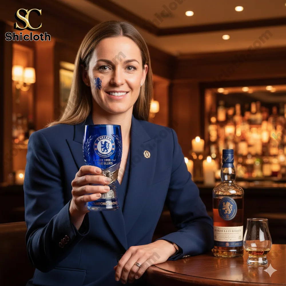 Woman holding Chelsea The Blues Stamford Bridge beer glass in bar!