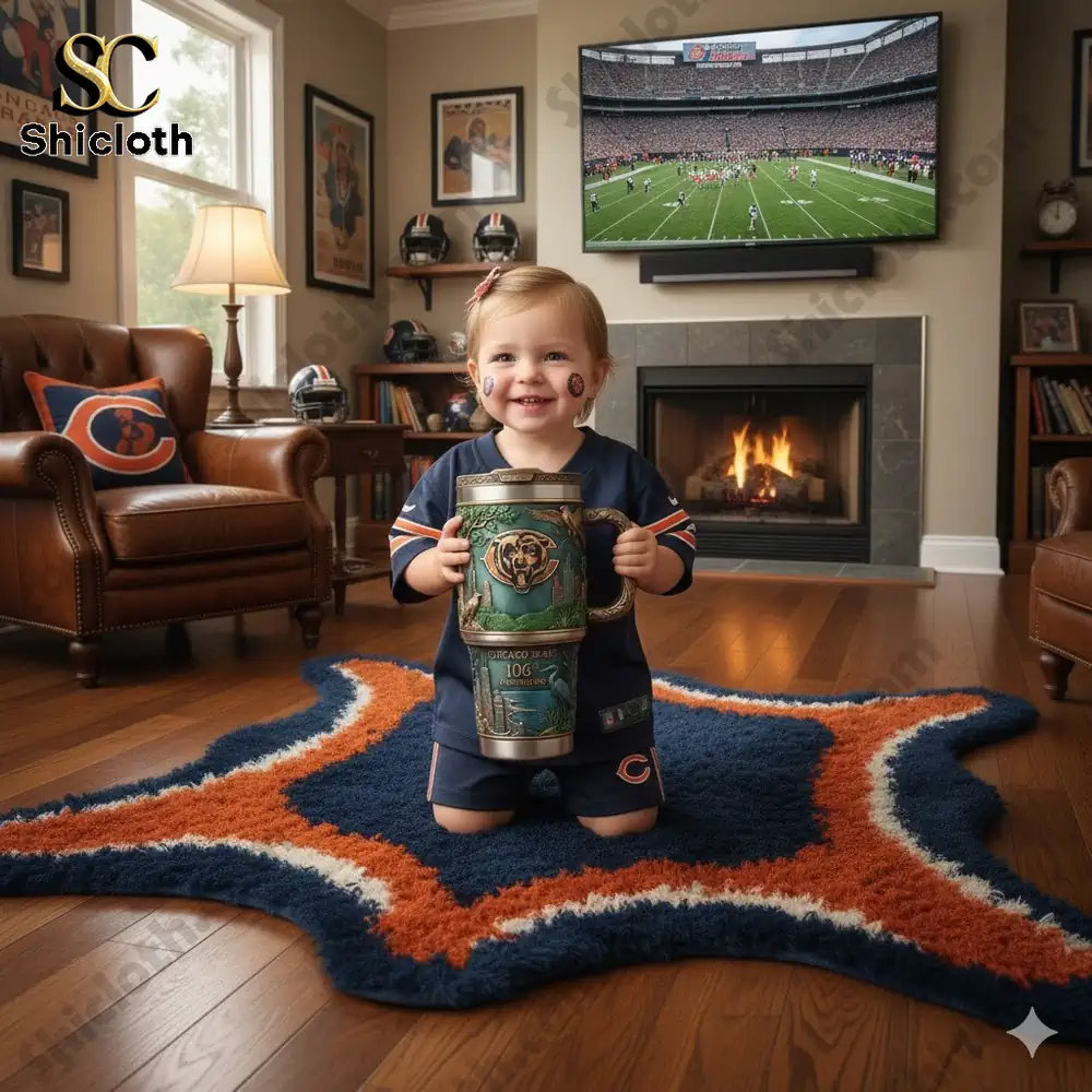Baby holding a Chicago Bears themed mug in a cozy living room!