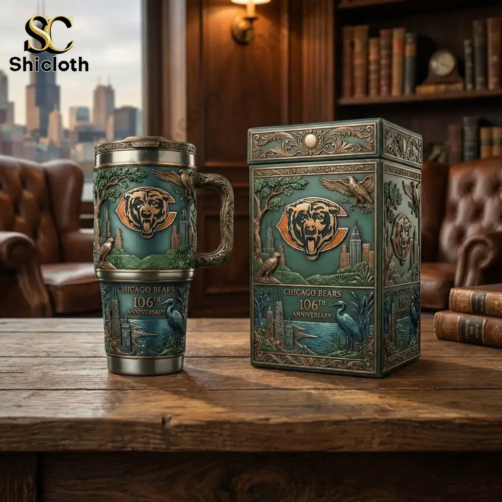 Close up of an engraved Chicago Bears anniversary mug on a wooden table!