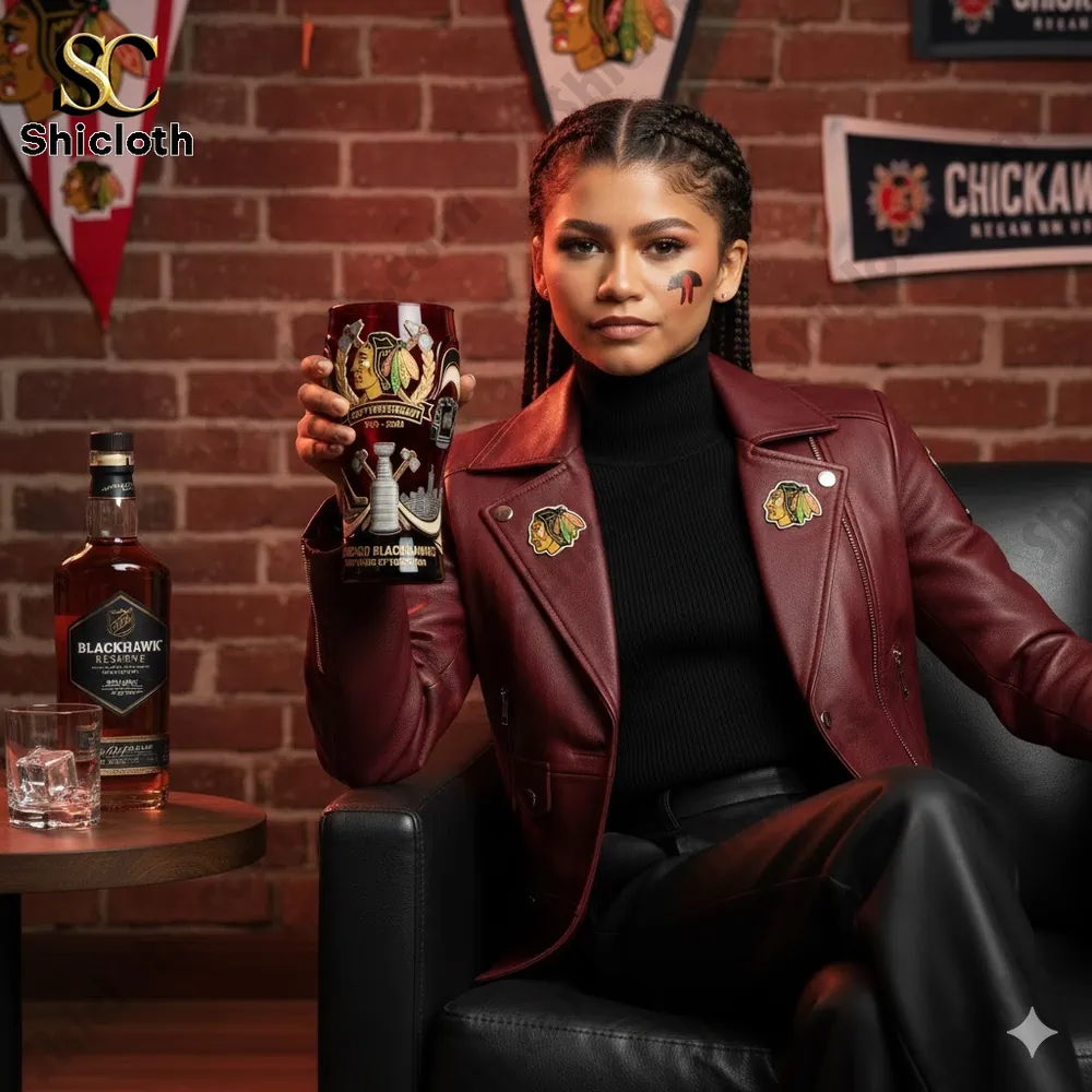 Female model holding a Chicago Blackhawks anniversary beer glass in a bar setting!