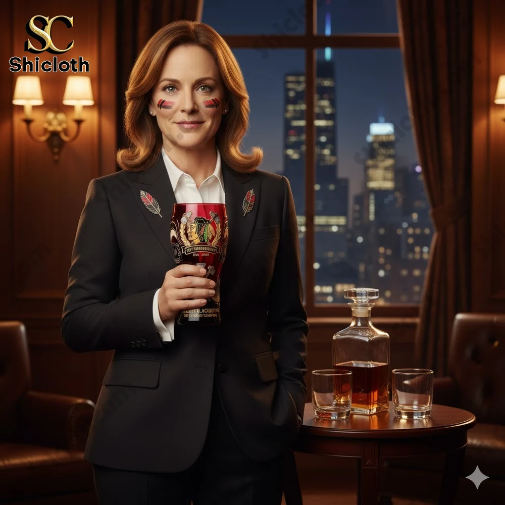 Woman holding Chicago Blackhawks 100th anniversary commemorative glass in an elegant lounge setting!