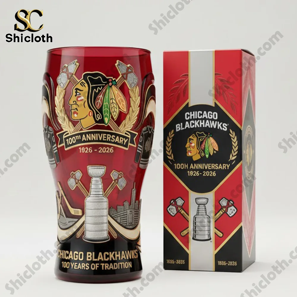 Chicago Blackhawks 100th anniversary commemorative glass with matching box on white background!