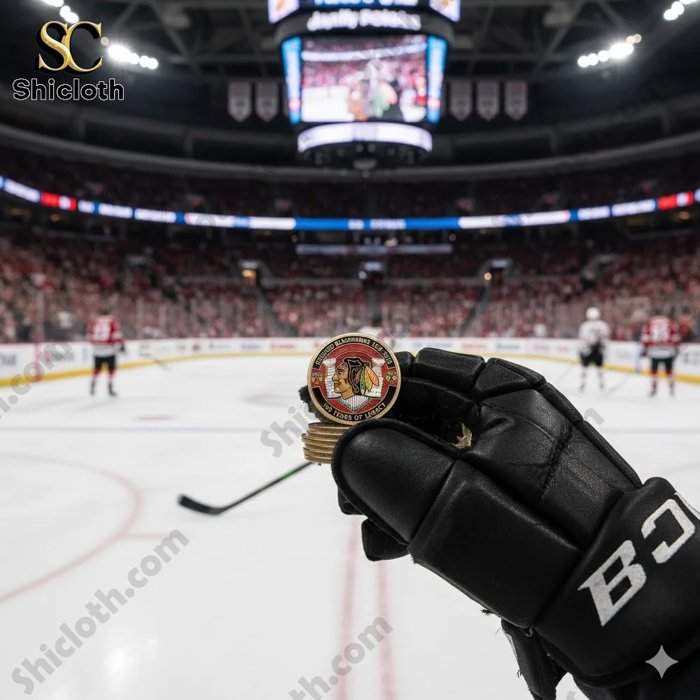 Chicago Blackhawks centennial coin held by a hockey glove on ice.