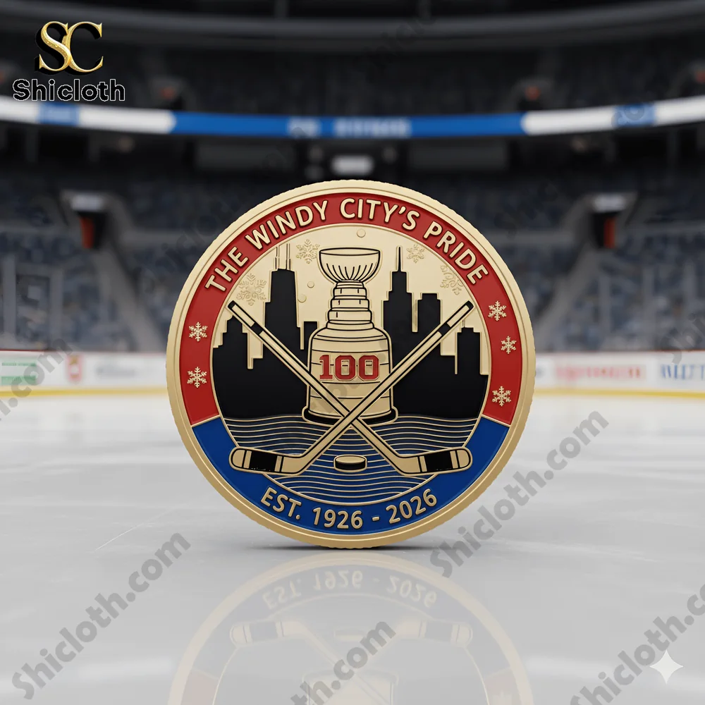 Chicago Blackhawks 100th Anniversary Commemorative Coin 3 Back view of Chicago Blackhawks centennial coin with city and cup.
