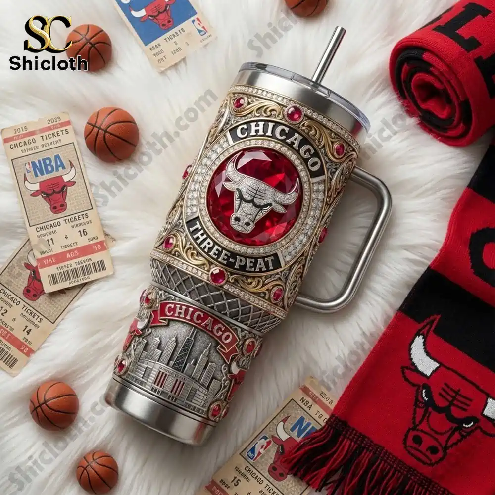 Chicago Bulls Three Peat Go Bulls 40oz Tumbler With Handle 3 Chicago Bulls luxury tumbler displayed with fan accessories!