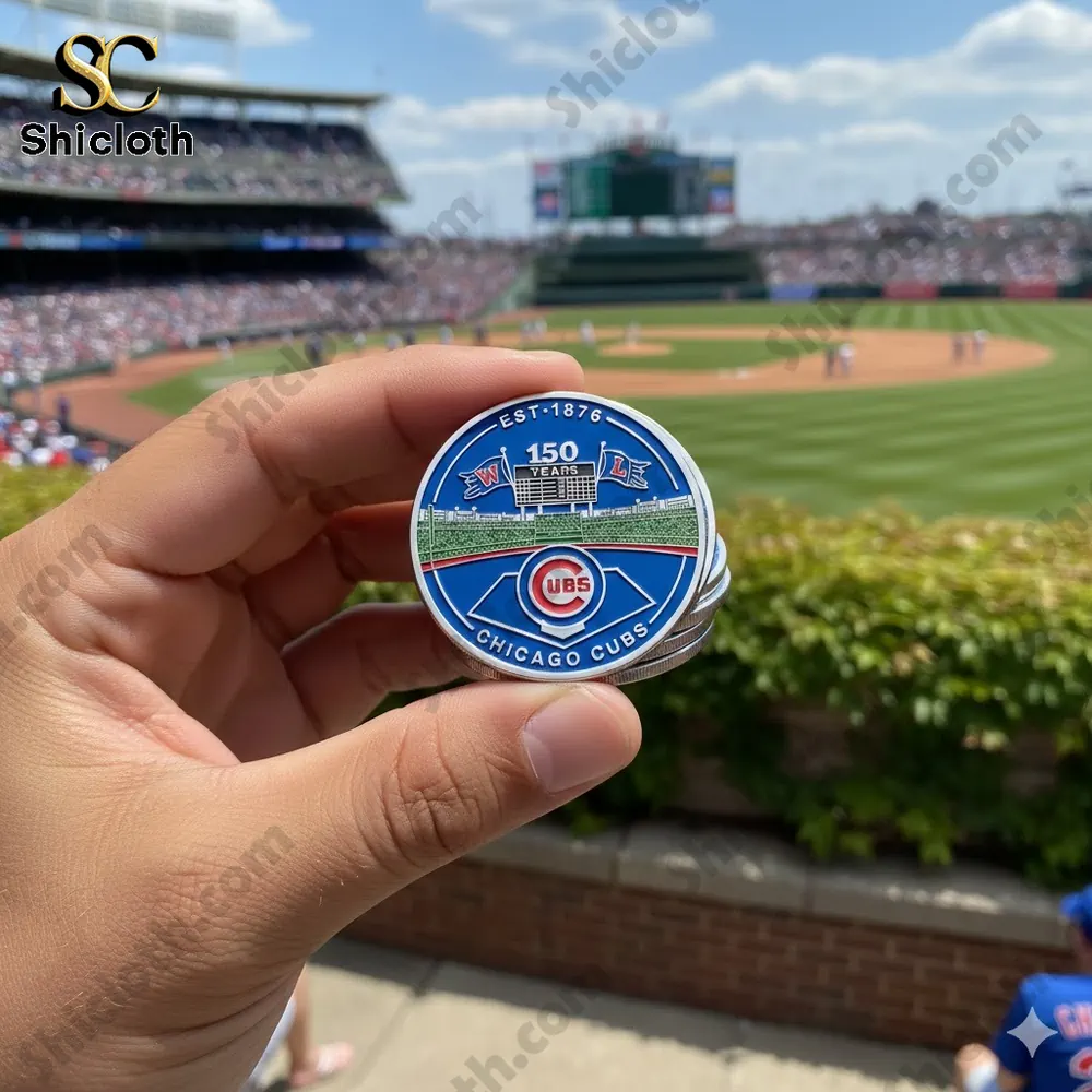 Chicago Cubs 150 years commemorative pin held inside Wrigley Field stadium!