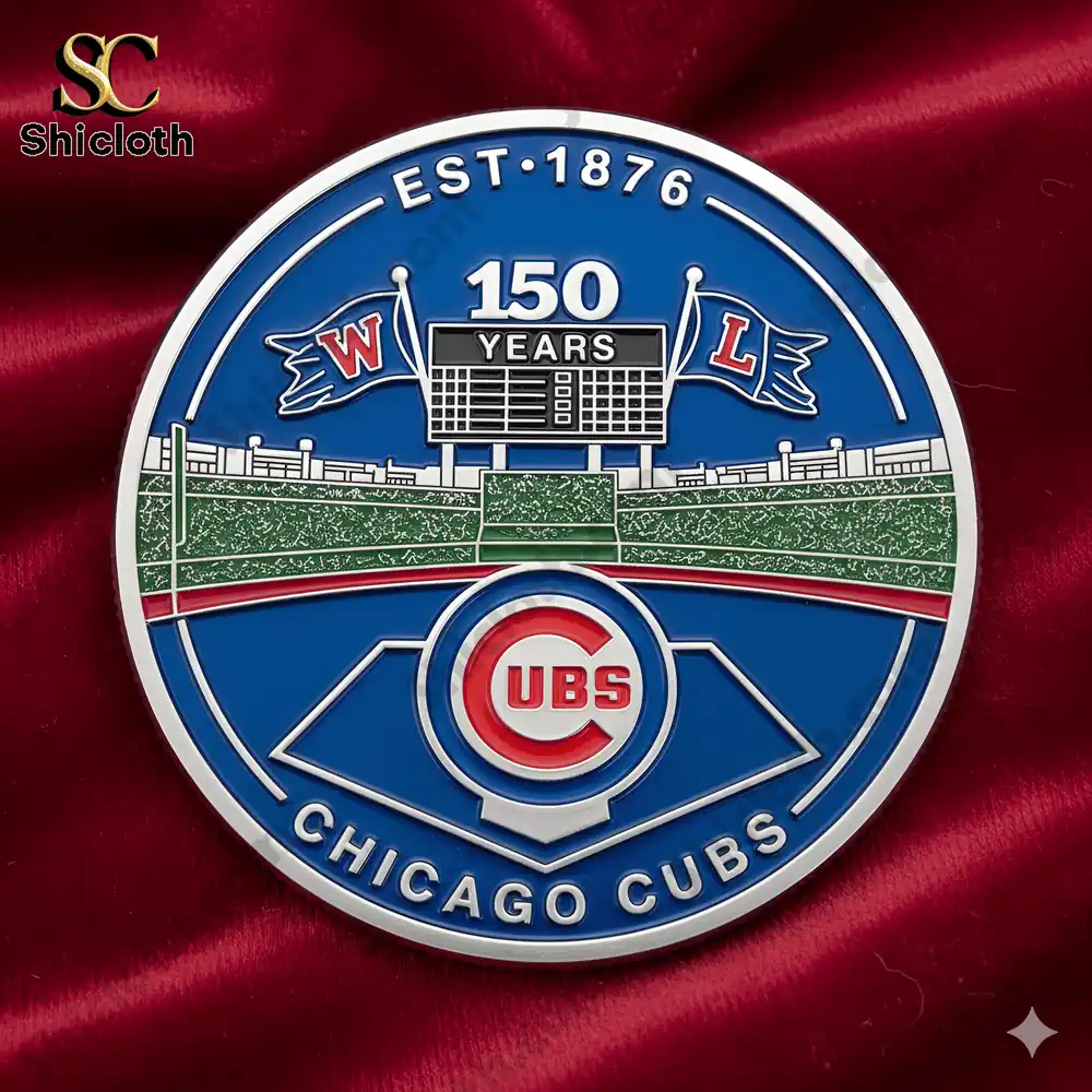 Front design of Chicago Cubs 150 years commemorative pin on red fabric background!