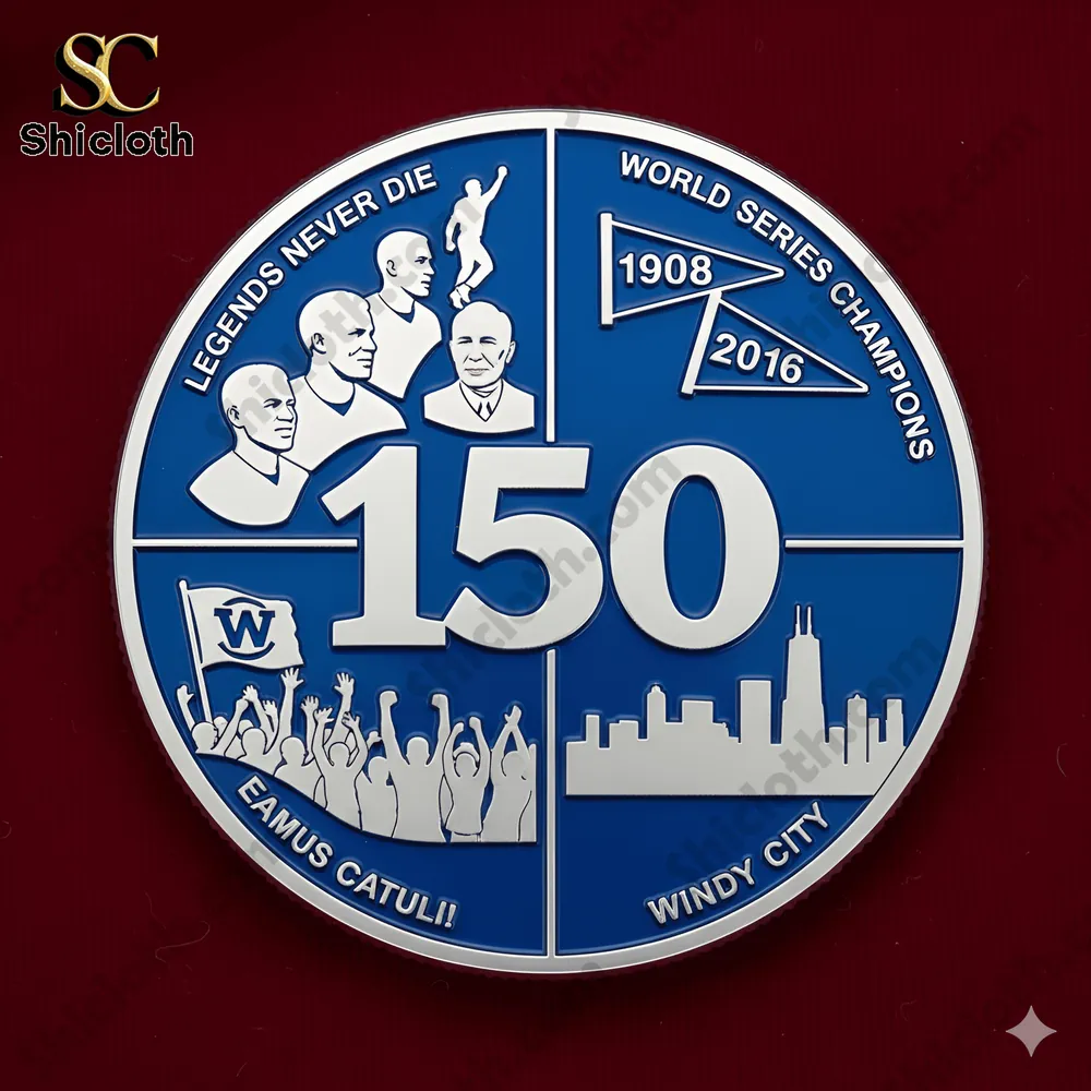 Chicago Cubs 150th Anniversary Commemorative Coin 3 Back design of Chicago Cubs 150 years commemorative pin showing legends and city symbols!