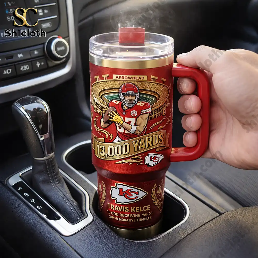 Red Chiefs themed commemorative tumbler with box displayed on a wooden table.