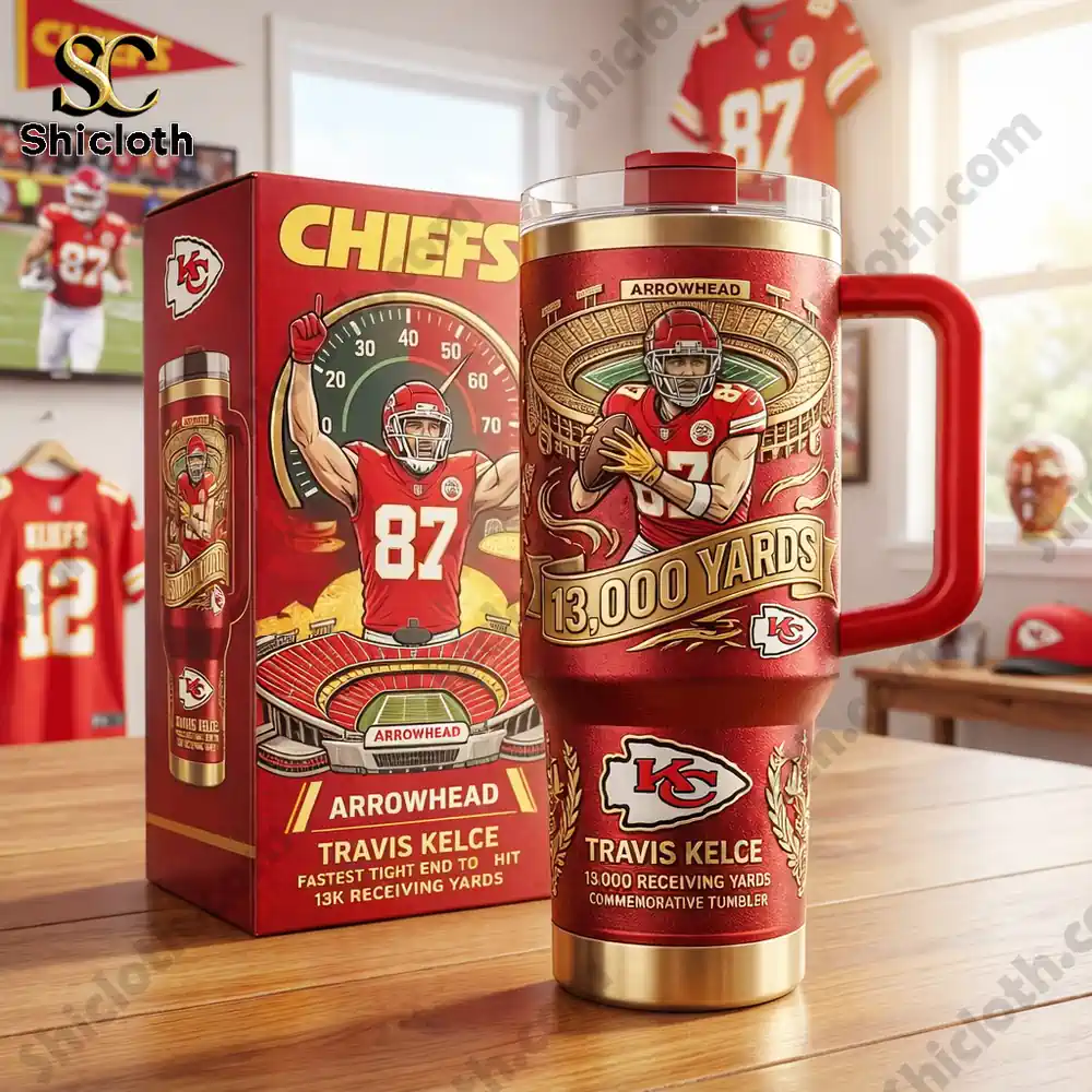 Chiefs Kingdom Kelce 13K Celebration Tumbler 3 Red Chiefs commemorative tumbler held in stadium stands during a game.