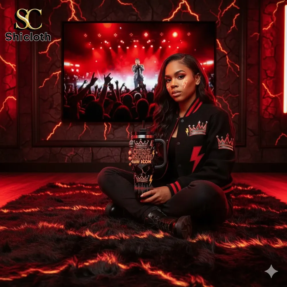 Woman holding Chris Brown Raw Icon tumbler in red themed room!