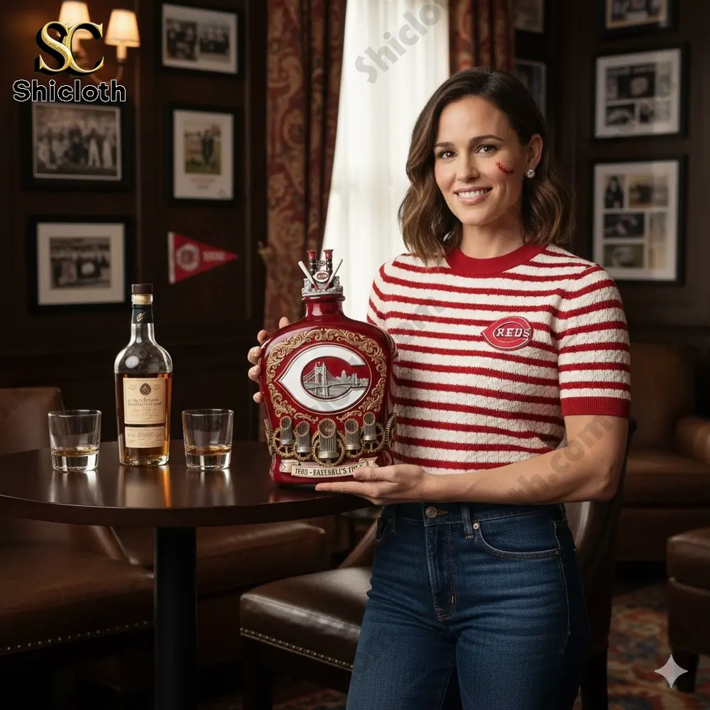 Woman holding Cincinnati Reds themed whiskey decanter in vintage bar!