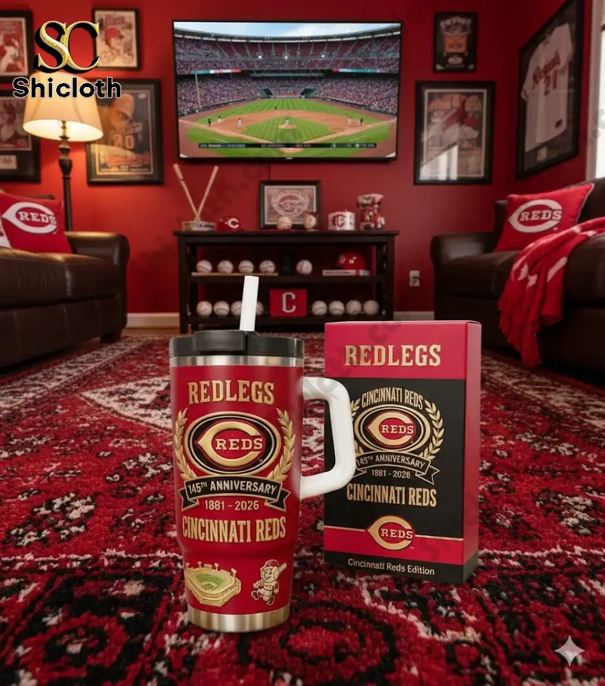 Cincinnati Reds Redlegs anniversary tumbler displayed in a baseball themed living room!