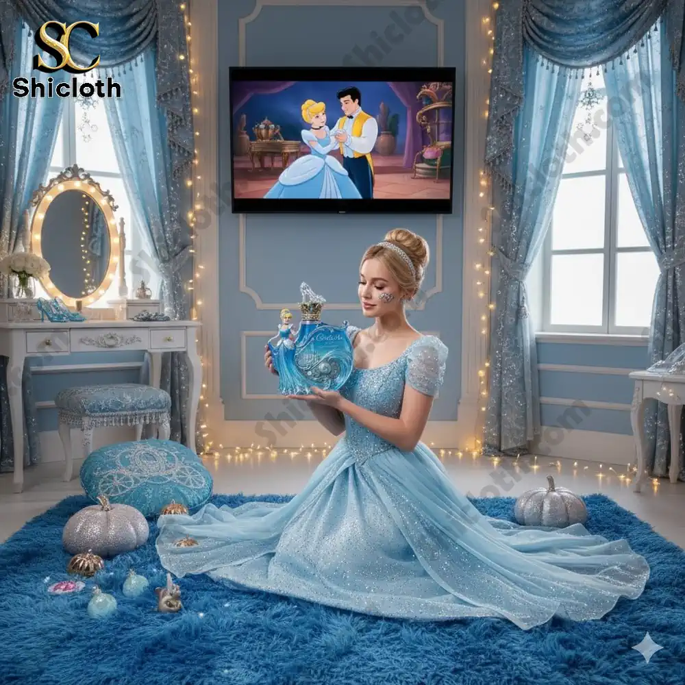 Woman in blue princess dress holding Cinderella perfume bottle in elegant blue room!