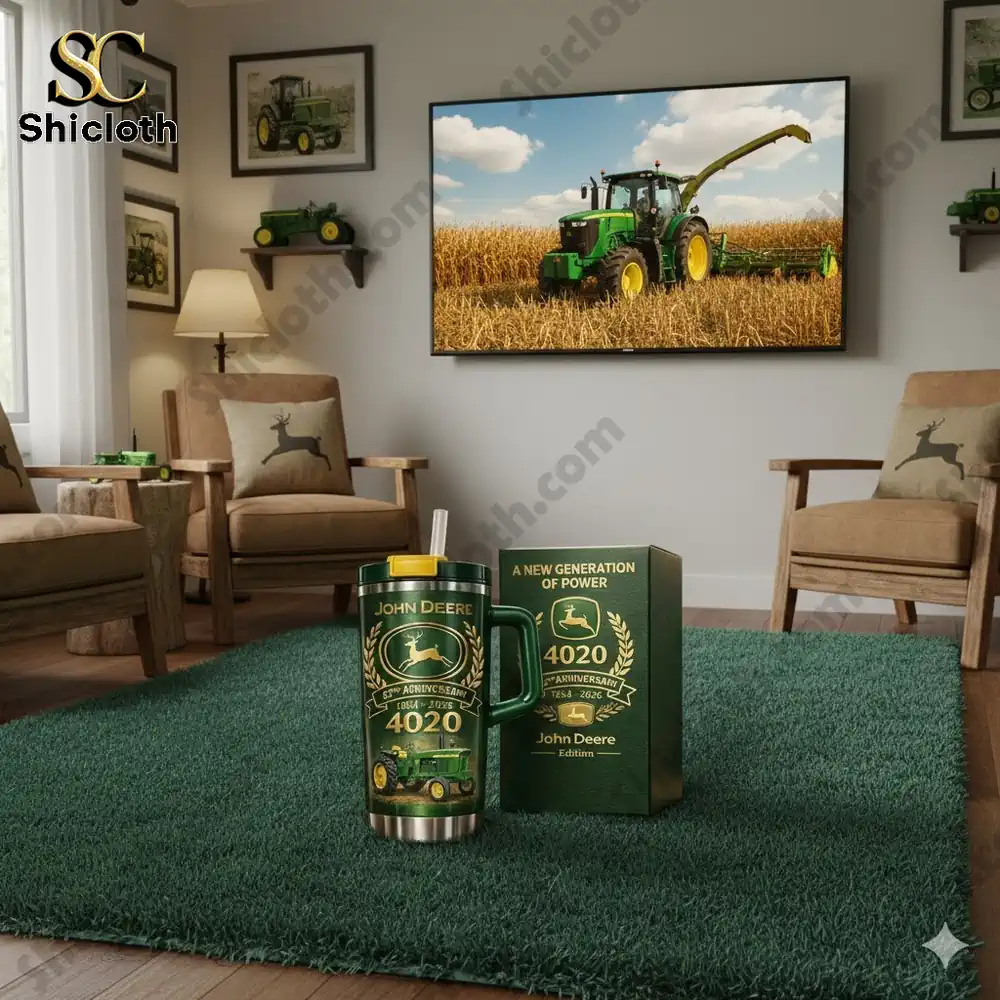 John Deere anniversary mug displayed in a cozy farm style living room!