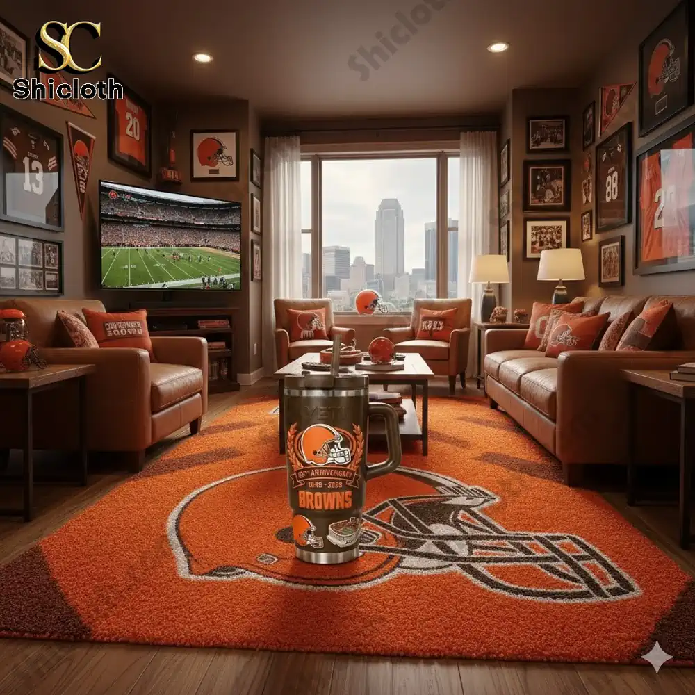 Cleveland Browns Yeti mug displayed in a Browns themed living room