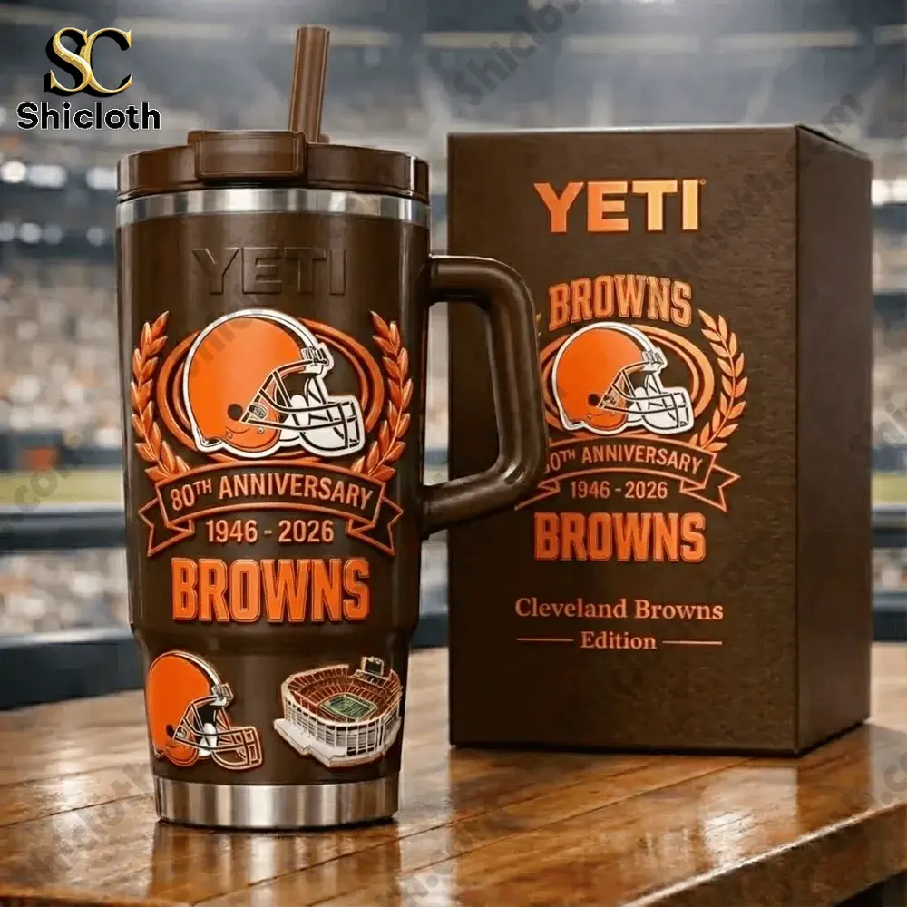 Cleveland Browns Yeti mug with anniversary design and branded box