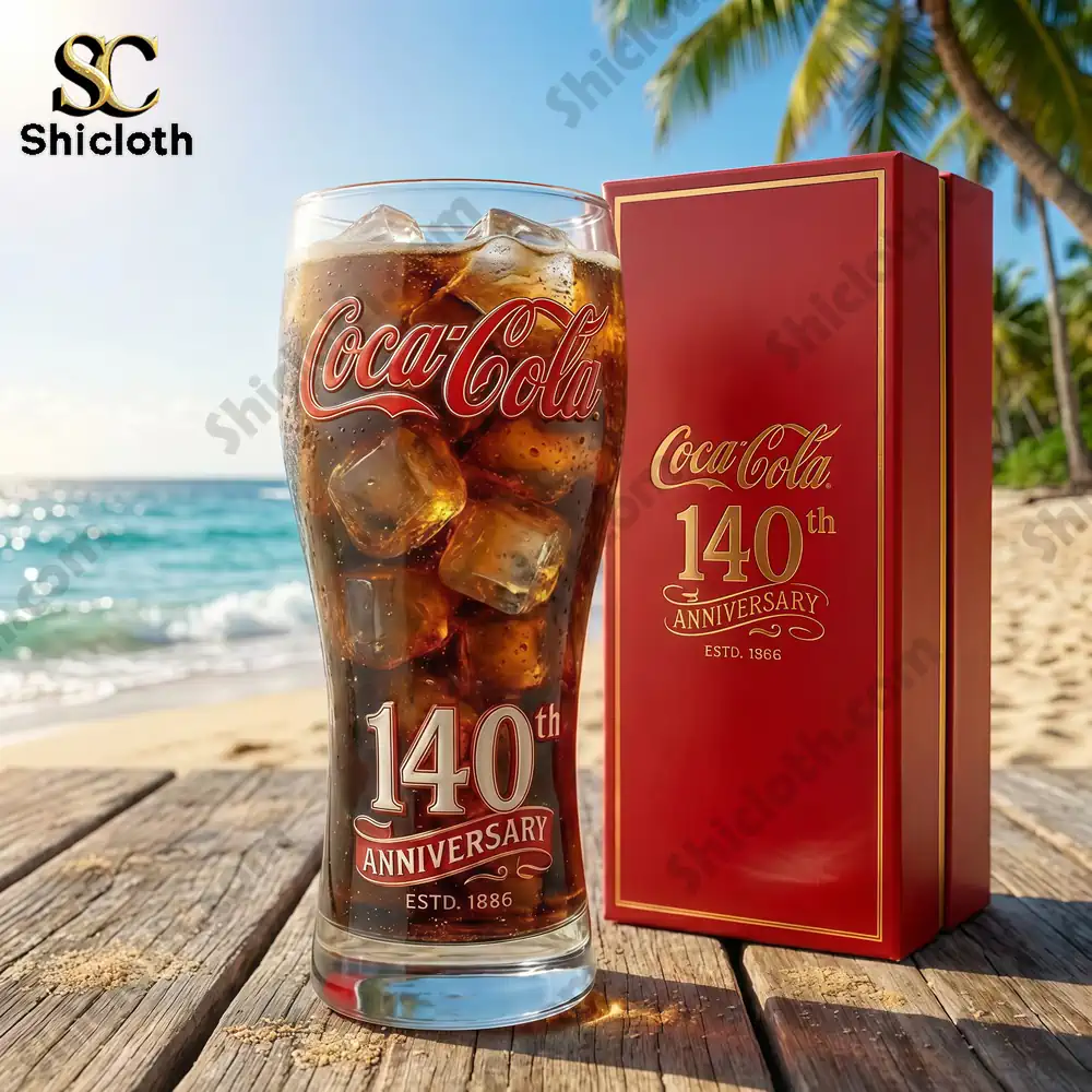 Coca Cola anniversary glass with red gift box on beach!