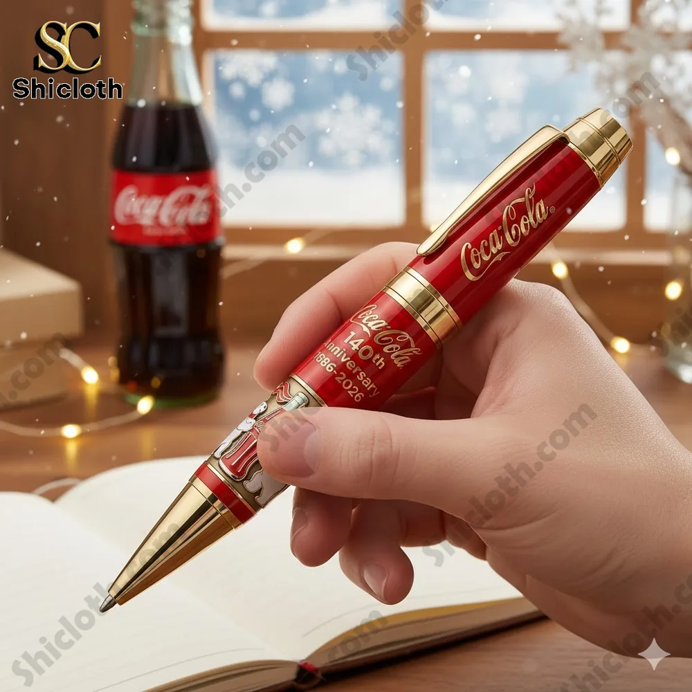 Hand holding a red Coca Cola commemorative pen above an open notebook!
