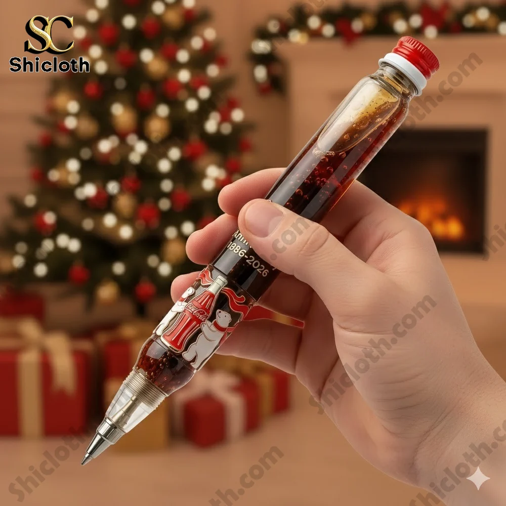 Hand holding Coca Cola commemorative pen with holiday background!