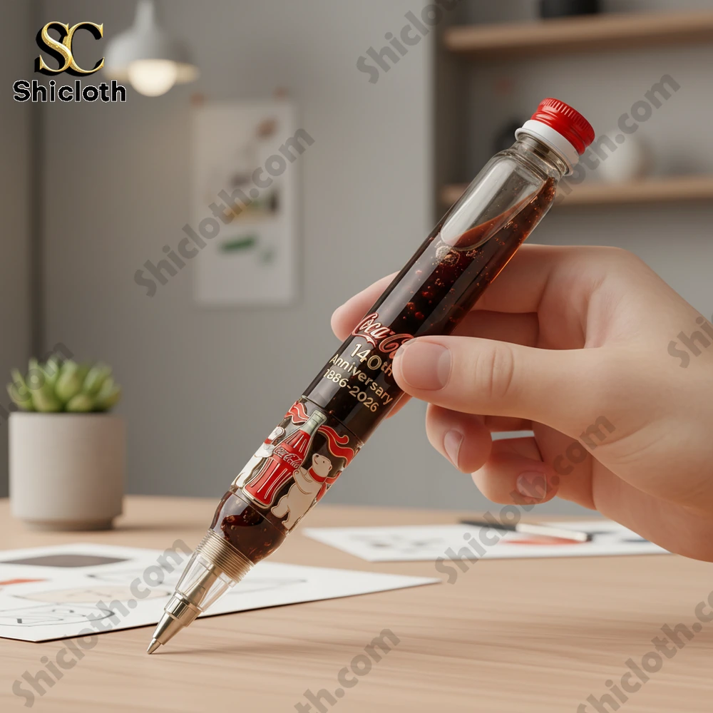 Finger pointing at Coca Cola commemorative pen on table!
