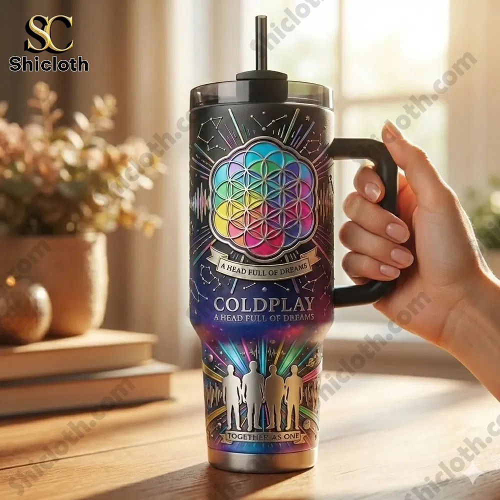 Coldplay Music Custom Stanley Cup 40 Oz Tumbler With Handle 3 Hand holding Coldplay tumbler indoors!