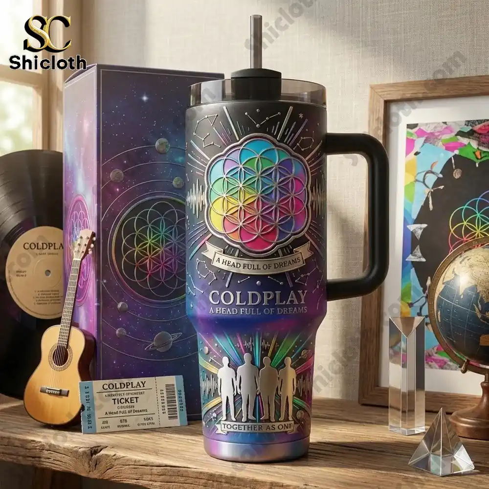 Coldplay Music Custom Stanley Cup 40 Oz Tumbler With Handle 4 Coldplay tumbler displayed with music memorabilia!