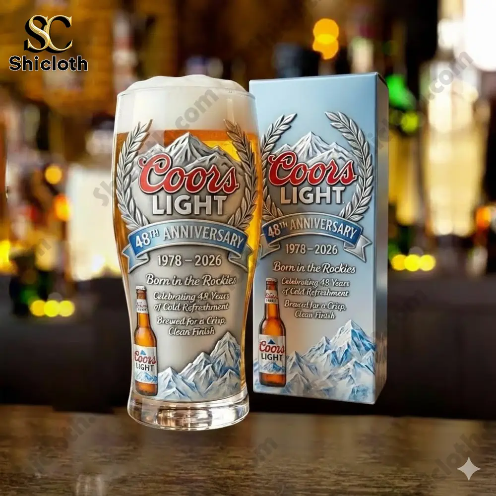Coors Light beer glass with anniversary design and gift box on bar table!