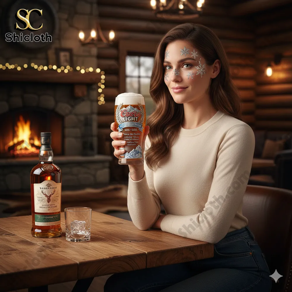 Woman holding Coors Light beer glass inside cozy wooden cabin!
