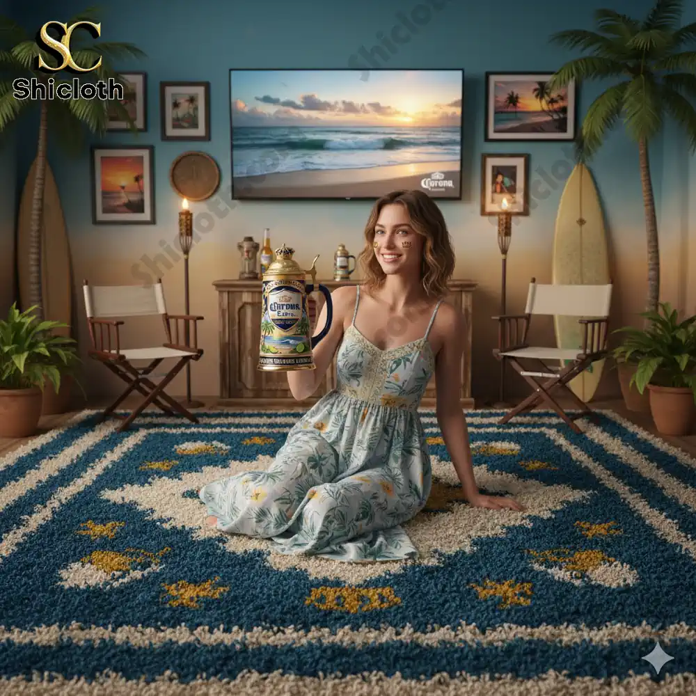 Woman holding Corona Extra anniversary beer stein in beach themed room!