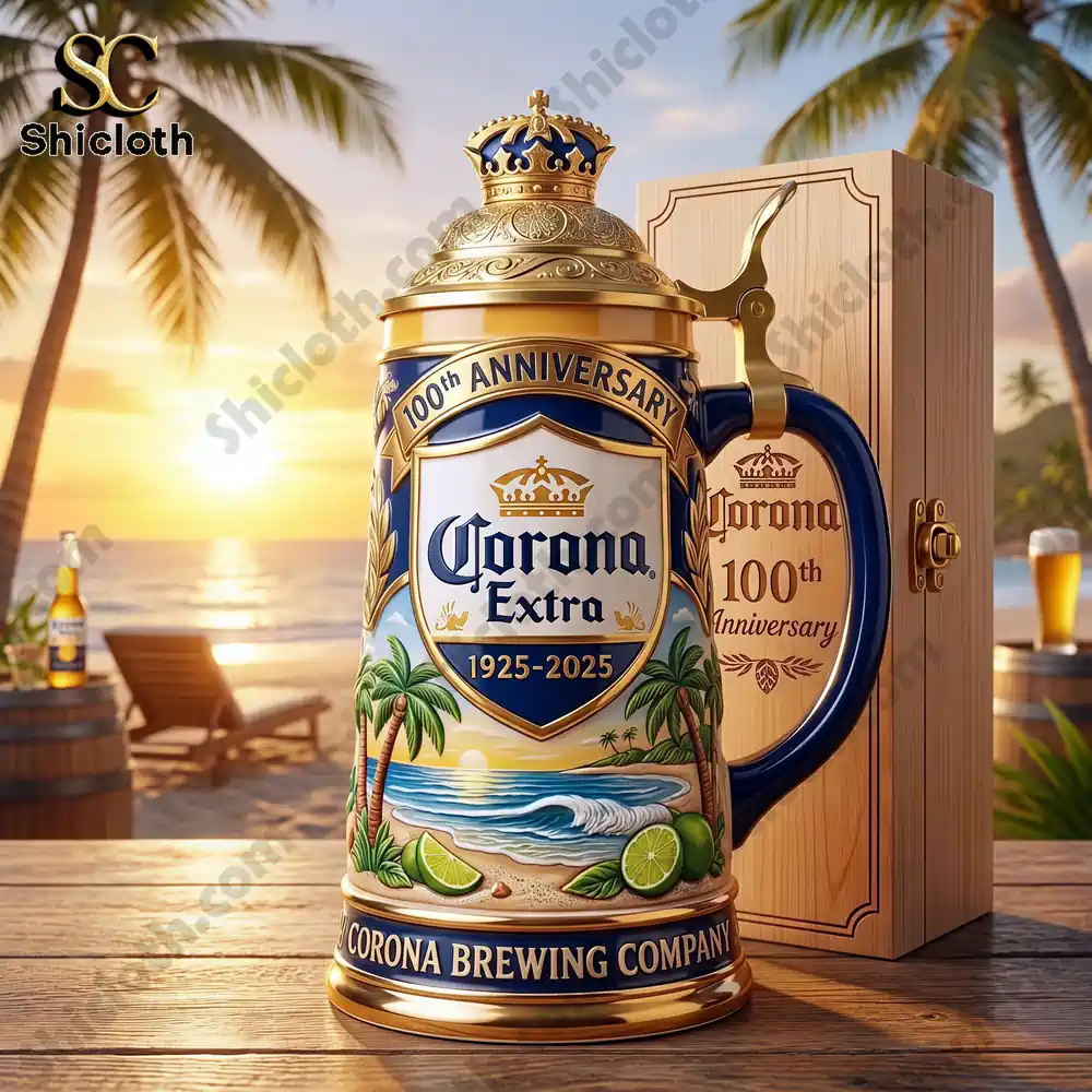 Corona Extra anniversary beer stein on wooden table by the beach!