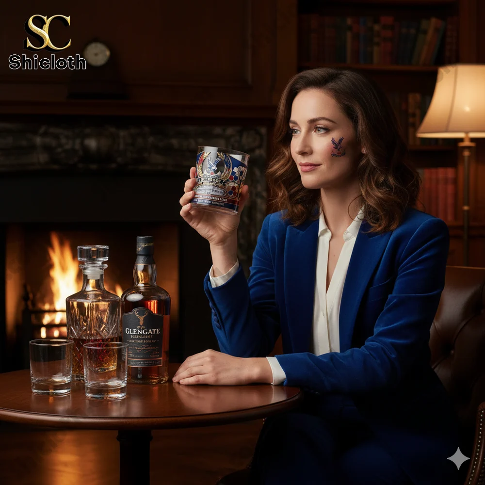 Woman holding Crystal Palace anniversary whiskey glass in a classic lounge!.