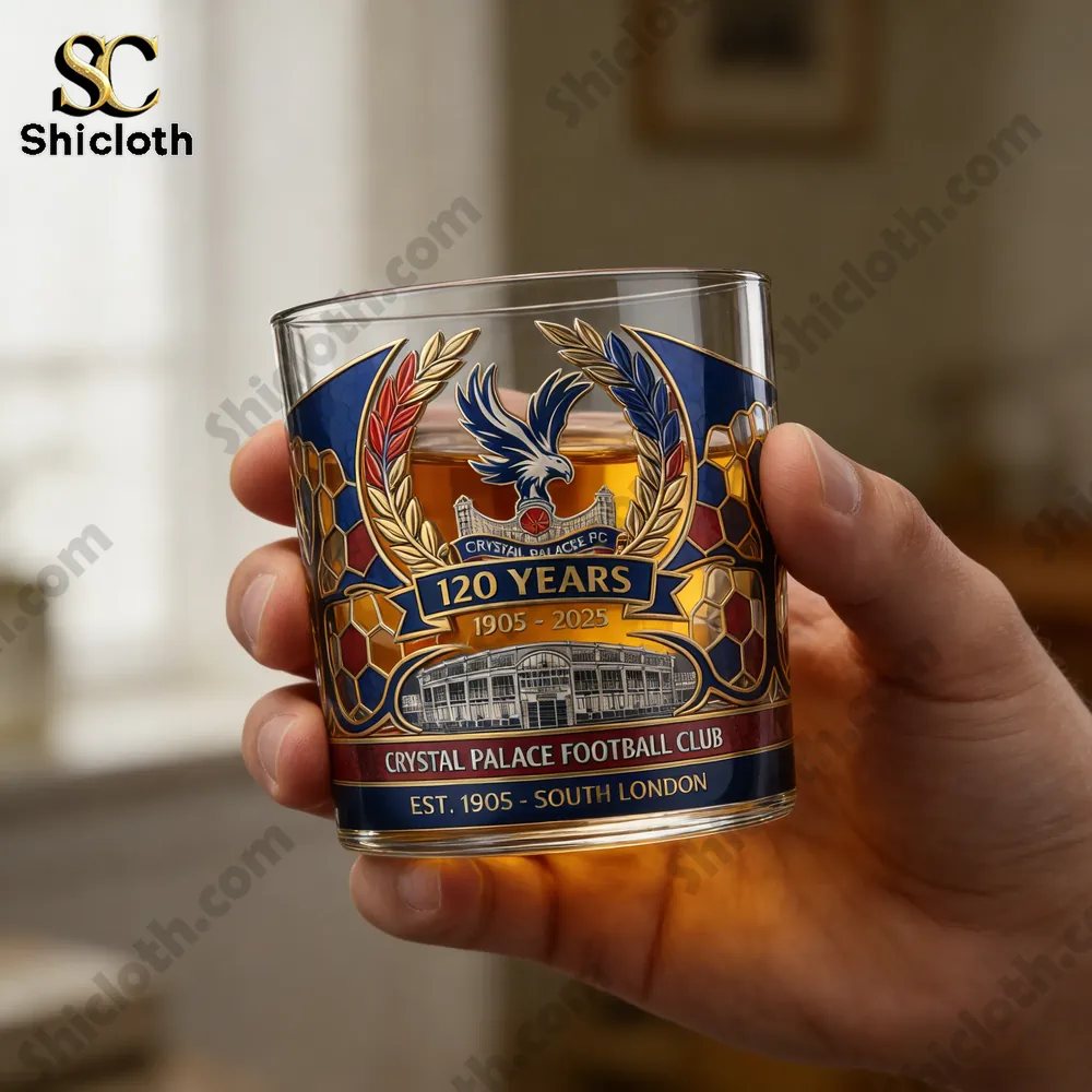Crystal Palace FC 120th Anniversary Whiskey Glass 3 Hand holding Crystal Palace anniversary whiskey glass!.