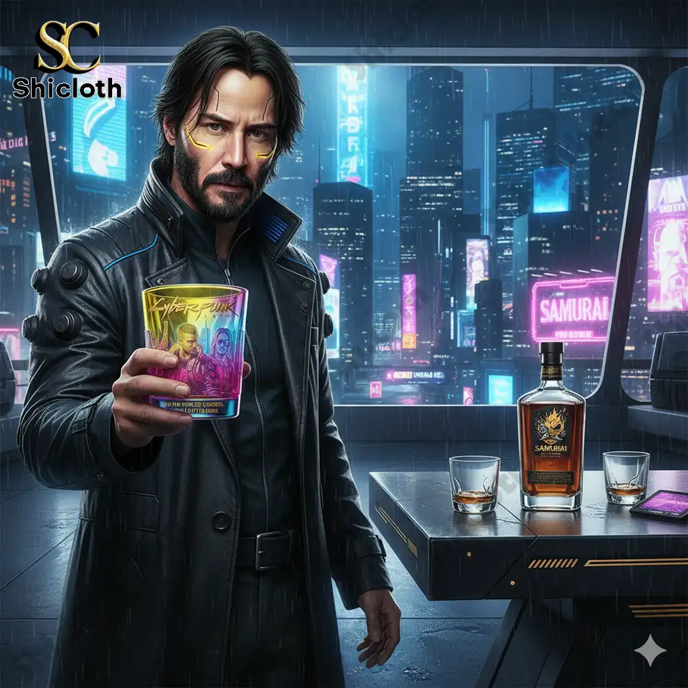 Cyberpunk whiskey glass held by a rebel man in neon city!