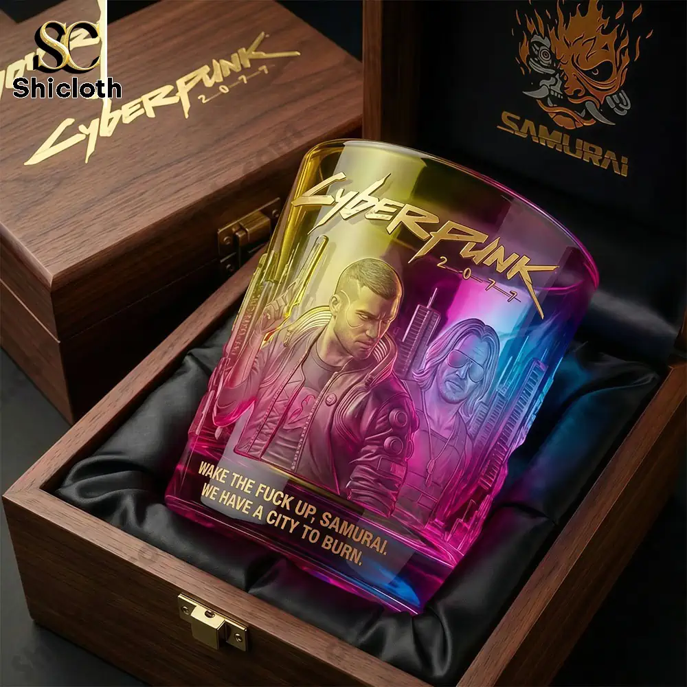 Cyberpunk whiskey glass displayed in a wooden collector box!