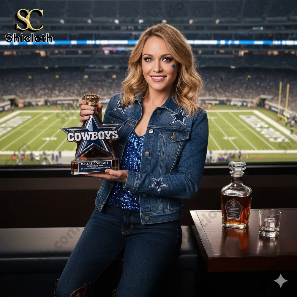 Woman holding Cowboys star trophy inside football stadium!
