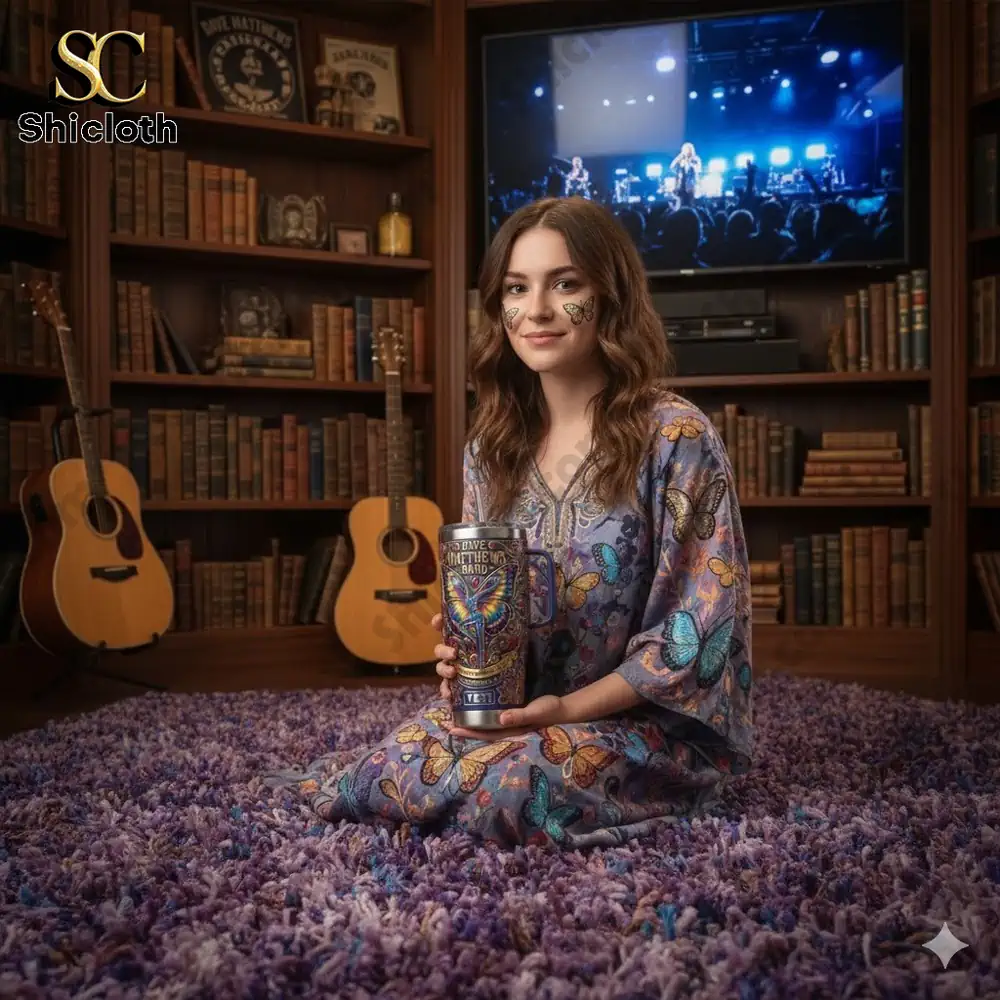 Young woman holding Dave Matthews Band Yeti tumbler in music themed room!