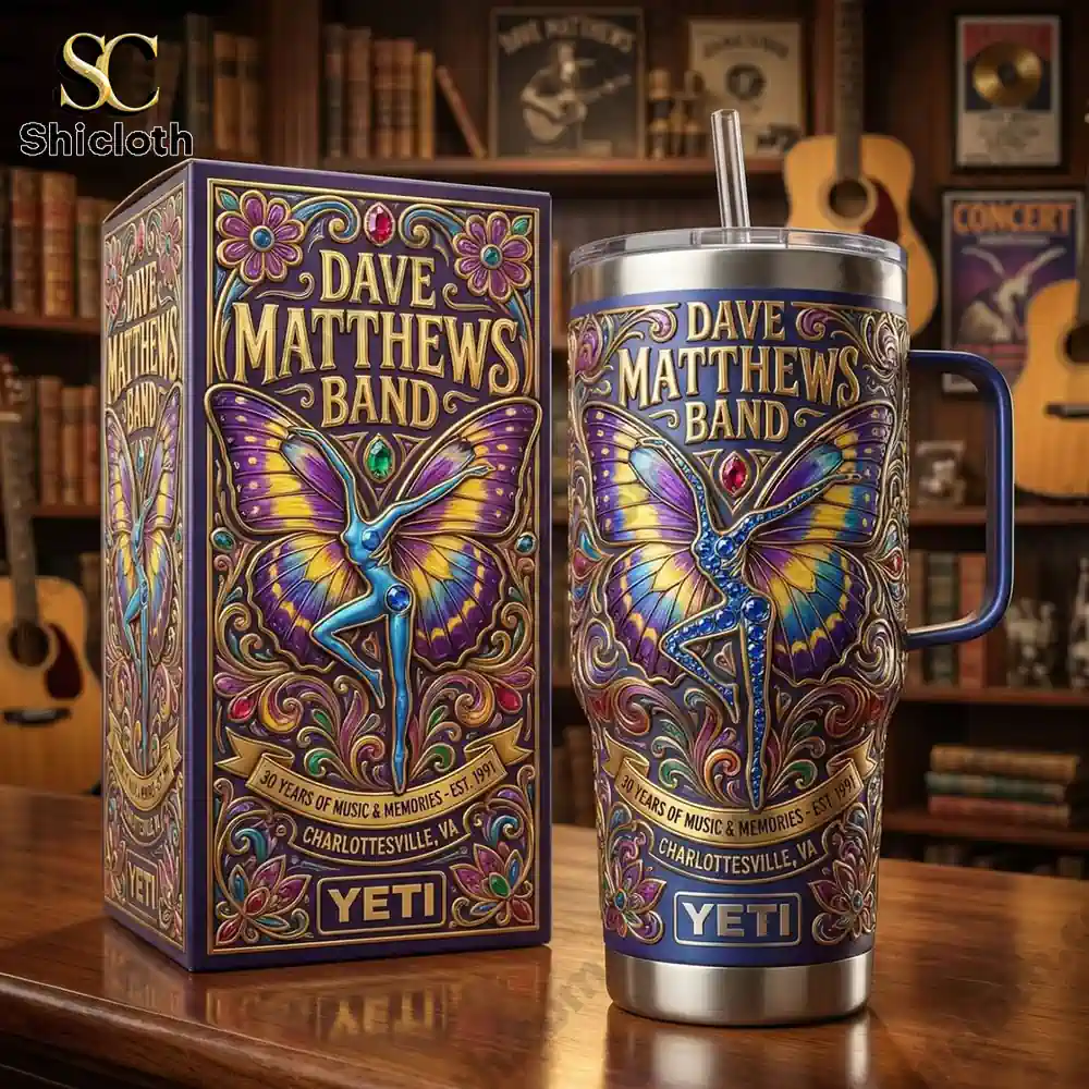 Dave Matthews Band Yeti tumbler with decorative box on wooden table!