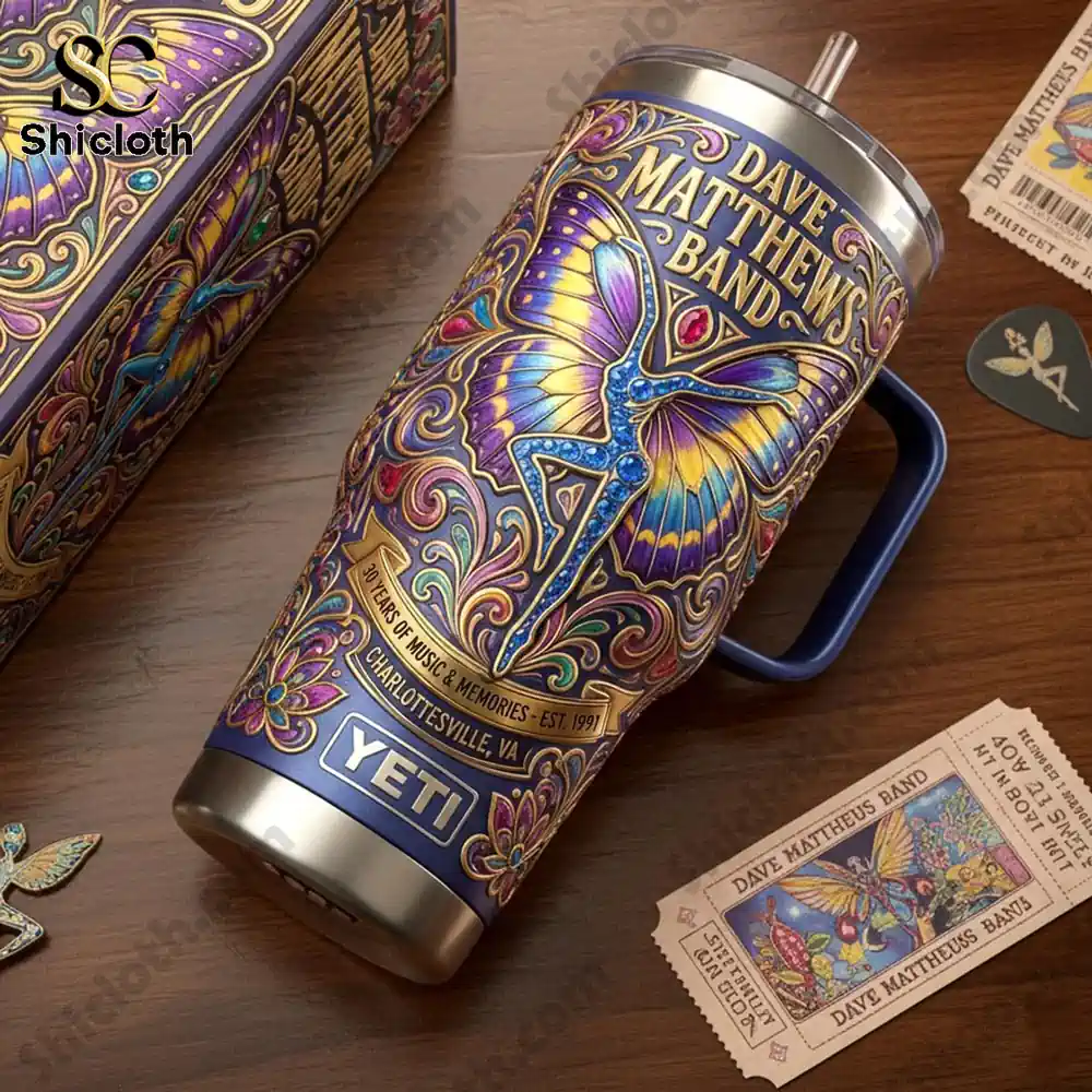 Dave Matthews Band 30 Years Of Music & Memories Tumbler 4 Dave Matthews Band Yeti tumbler close up with concert tickets!