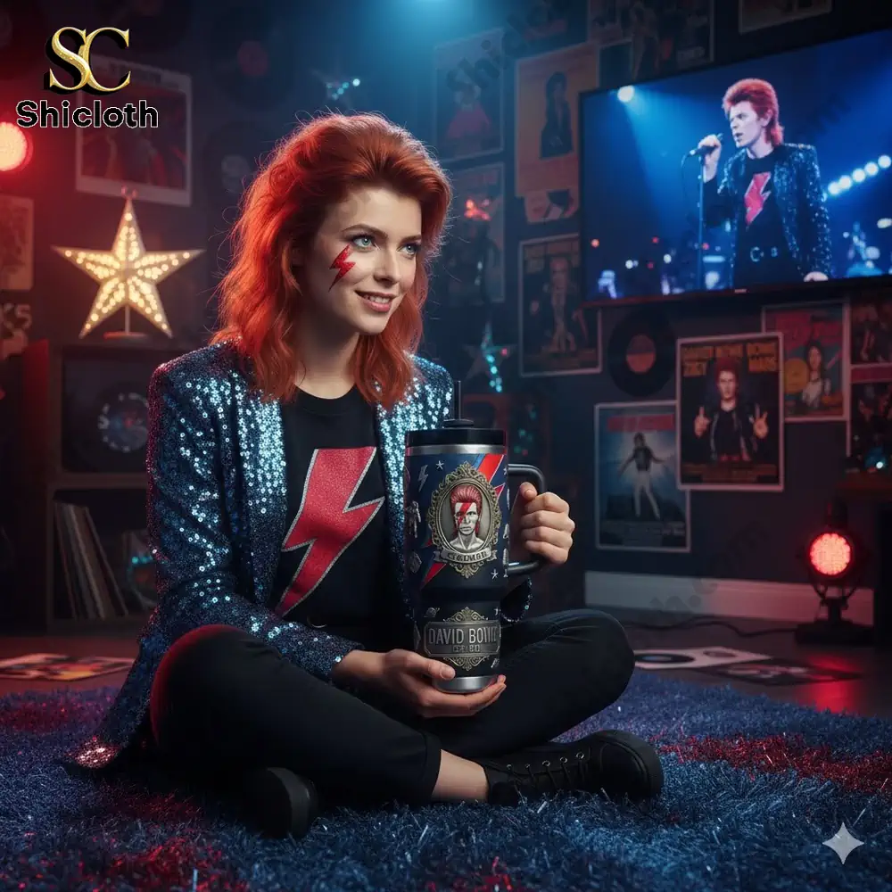 Woman holding David Bowie themed travel mug indoors.