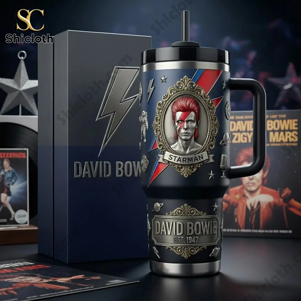 David Bowie Starman travel mug with box display.
